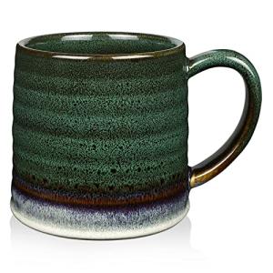 RELEDESA 18 Oz Large Ceramic Coffee Mug, 500ml Big Handmade Pottery Tea Cup for Office and Home, Big Handle Easy to Hold, Microwave and Dishwasher Safe, Stylish Texture Glaze (Ink Green)