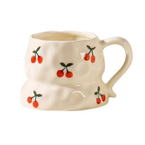 Handmade Ceramic Coffee Mug with Cute Flower Hearts Pattern Tea Cup- 11oz Unique Artistic Coffee Cup, Creative Gift for Tea, Cappuccino, and Office Use(1,Cherry)