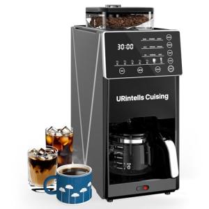 URintells Cuising Coffee Maker with Grinder, 22OZ Drip Coffee Maker with 5 Cup Glass Carafe and Removable Filter, Programmable Hot and Cold Bean to Cup Coffee Machine with Timer, Auto Shut Off