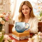 Sea Glass Wave Mug, 12 oz Handblown Ocean Wave Glass Mug Cup, Textured Sea Wave Design, Unique Glassware for Tea, Coffee, Cocktails, Beach Lovers & Gift Giving 1PCS