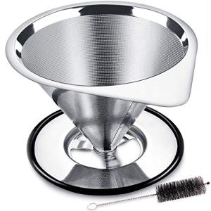 LHS Pour Over Coffee Dripper Stainless Steel Coffee Filter Metal Cone Filter Paperless Reusable Coffee Filter Single Cup Coffee Maker 1-2 Cup With Non-slip Cup Stand and Cleaning Brush