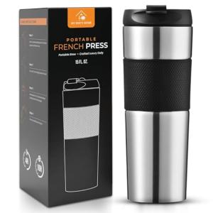Travel French Press Coffee Maker 15oz Stainless Steel Double-Walled Vacuum Insulated Coffee Mug with Leak-Proof Locking Lid, Keeps Coffee Hot 4 Hrs Portable for Camping, Office, Car, Valentine's Gift