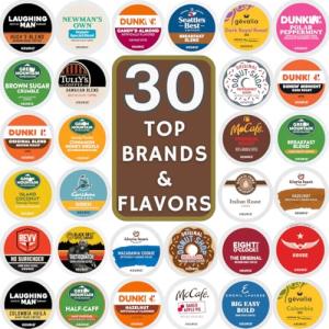 Top Brand Name K-Cups Variety Pack Sampler, Includes 30 Unique Pods Flavored & Unflavored Dark, Medium & light Roast