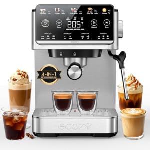 ecozy 4-in-1 Espresso Machine and Coffee Maker Combo with Milk Frother, Cold Brew & Over Ice, Interactive Touch Screen, Stainless Steel, Brezzano Elite Series for Cappuccinos, Lattes, Americanos