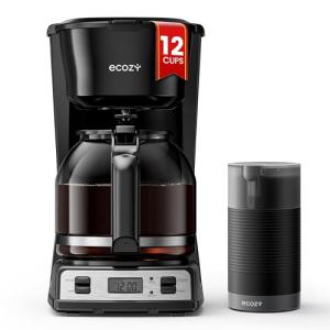 ecozy 12-Cup Drip Coffee Maker with Electric Coffee Grinder Combos, Programmable Coffee Machine with Washable Basket Filter, Auto Shutoff Function, No Drip Pause & Pour, Brezzano DuoSet
