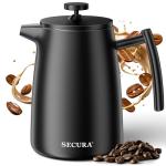 Secura 50oz French Press Coffee Maker – 304 Stainless Steel, Insulated Coffee Press with Extra Filter, Black