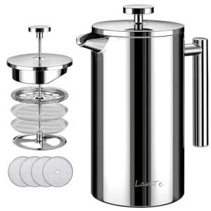 French Press Coffee Maker, 1.5L Double Insulated 304 Stainless Steel Tea Maker 4 Level Filtration System, No Coffee Grounds, Rust-Free, Dishwasher Safe 50oz Coffee Press for Family Party