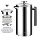 French Press Coffee Maker, 1.5L Double Insulated 304 Stainless Steel Tea Maker 4 Level Filtration System, No Coffee Grounds, Rust-Free, Dishwasher Safe 50oz Coffee Press for Family Party