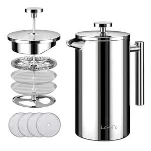 LANTE French Press, 600ml Double Insulated 304 Stainless Steel Coffee Tea Maker 4 Level Filtration System, No Coffee Grounds, Rust-Free, Dishwasher Safe for Single Use