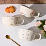 Koythin Ceramic Coffee Mug, Handmade Hot Chocolate Mugs, Cute Cup for Girl Women, Aesthetic Tea Milk Cup with Handle, 8.5 oz/250 ml for Latte, Cocoa, Office, Home (Rose Blue Flower)