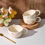 Koythin Ceramic Coffee Mug, Handmade Hot Chocolate Mugs, Cute Cup for Girl Women, Aesthetic Tea Milk Cup with Handle, 8.5 oz/250 ml for Latte, Cocoa, Office, Home (Rose Blue Flower)