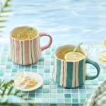 DELIGHTS GALORE Striped Ceramic Coffee Mugs Set of 2, Pink and Green Stackable Stoneware Mugs for Morning Coffee, Tea & Cocoa, 12oz Dishwasher & Microwave Safe Mug Gift Set for Home & Office