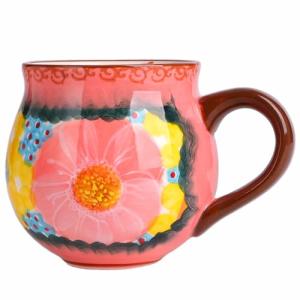 silesia Handmade Coffee Mug with Handle, 12 Ounce Ceramic Hand-Painted Flower Mugs for Home and Kitchen in Gift Box, Oven, Dishwasher & Microwave Safe (Glazed Pink)