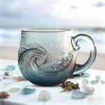 Sea Glass Wave Mug, 300ml Handblown Ocean-Inspired Coffee Cup, Unique Handcrafted Ceramic Mug With Ocean Wave Design, Perfect For Morning Coffee, Tea, And Gift Giving