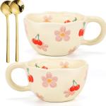 Yopay 2 Pack Ceramic Coffee Mug with Spoon, 8oz Handmade Hot Chocolate Mugs, Cute Cup for Girl Microwave Safe, Aesthetic Tea Milk Cup with Handle for Latte, Cocoa, Gift, Mom(Cherry flower)
