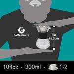 Coffee Gator Pour Over Coffee Maker Portable - 10.5oz High Heat Borosilicate Glass w/Reusable Stainless Steel Filter, Drip Coffee Brewer Pourover Dripper Set Carafe, 300ml Black