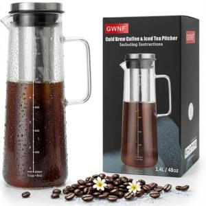 GWNF Cold Brew Coffee Maker & Ice Tea Maker, 1.4L/48oz Cold Brew Pither, Borosilicate Glass Carafe with Stainless Steel Filter, Airtight Lid, Dishwasher Safe, Easy to Use | Mannual & Brush Included