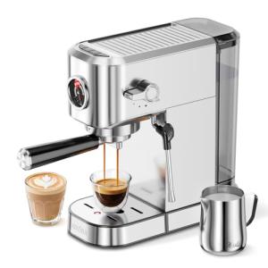XIXUBX 20Bar Espresso Machine, Compact Espresso Maker with Milk Frother, Stainless Steel Coffee Machine for Cappuccino&Latte, 42oz Water Tank, Visible Pressure Gauge, Home&Office, Silver