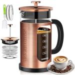 TECOHORS French Press Coffee Maker 34oz / 1 Quart 304 Stainless Steel Coffee Press,with 4 Filters System, Heat Resistant Thickness Borosilicate Glass, Brewed Coffee Pot (Copper)