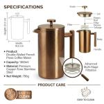 YJX 34oz Coffee Maker, Stainless Steel French Press, 1 Liter Camping Coffee Pot, Tea Maker, 34 Ounce Travel Coffee Presses, Heat Resistant Double Insulated (Coppery)
