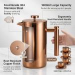 YJX 34oz Coffee Maker, Stainless Steel French Press, 1 Liter Camping Coffee Pot, Tea Maker, 34 Ounce Travel Coffee Presses, Heat Resistant Double Insulated (Coppery)