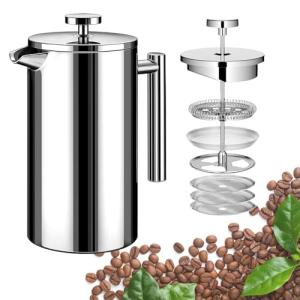 Small French Press Coffee Maker 1 Cup - 12oz/350ml Single Cup Metal French Press(1 Cup), Stainless Steel Double Wall Insulated Coffee & Tea Maker w/ 3 Extra Screens + 1 Spoon (Silver), Dishwasher Safe