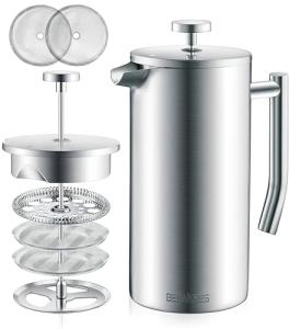 Belwares French Press Coffee Maker 34oz - 304 Stainless Steel Insulated Coffee Press, Double-Wall Heat Resistant Design with 4-Level Filtration System, Rust-Free & Dishwasher Safe (1.5 Liter), Silver