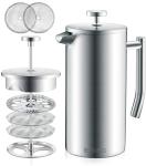 Belwares French Press Coffee Maker 34oz - 304 Stainless Steel Insulated Coffee Press, Double-Wall Heat Resistant Design with 4-Level Filtration System, Rust-Free & Dishwasher Safe (1.5 Liter), Silver