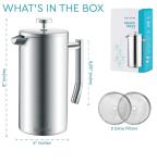 Belwares French Press Coffee Maker 34oz - 304 Stainless Steel Insulated Coffee Press, Double-Wall Heat Resistant Design with 4-Level Filtration System, Rust-Free & Dishwasher Safe (1.5 Liter), Silver
