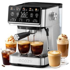 ecozy 4-in-1 Espresso Machine and Coffee Maker Combo with Milk Frother, Cold Brew & Over Ice, Interactive Touch Screen, Stainless Steel, Brezzano Elite Series for Cappuccinos, Lattes, Americanos