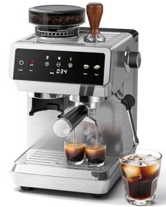 AMZCHEF Espresso Machine with Grinder: 20 Bar Semi Automatic Coffee Machine with 44 Grind Settings, 4-Temperature for Hot & Cold Brew | 8mm Milk Frother for Latte & Cappuccino,Stainless Steel