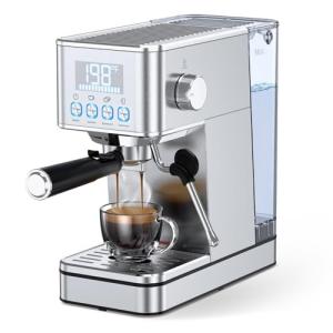 LERTIN Espresso Machine, 20Bar Compact Stainless Espresso Maker, With Milk Frother Steam Wand, 57.5OZ Removable Water Tank, Displays Making Time & Water Temperature, Cold Brew & Cappuccino, Silver