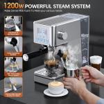 LERTIN Espresso Machine, 20Bar Compact Stainless Espresso Maker, With Milk Frother Steam Wand, 57.5OZ Removable Water Tank, Displays Making Time & Water Temperature, Cold Brew & Cappuccino, Silver