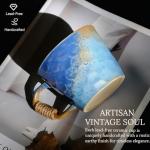 Small 10oz Retro Vintage Japanese Style Handmade Ceramic Tea Cup with Handle, Lead-Free Reactive Glaze Artisanal Coffee Mug, Comfortable handle Handmade Pottery Tea Mug for office and home,Blue