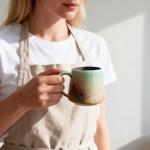 Avsunela Handcrafted Ceramic Coffee Mug, Mint Blue and Pink, Textured Surface, Modern Design