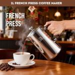 TOMAKEIT 1L/34 Oz French Press Coffee Maker,304 Stainless Steel Coffee Press,Durable & Easy Clean,Leak-Proof Design,Prensa Francesa Para Cafe for Home,Office,Camping (Silver-Upgrade)