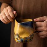 TaoTaojarvie Handmade Ceramic Coffee Mugs, Mugs with Coffee Spoon, 11oz, Handmade Pottery Mug with Handle, Hand-painting, Unique Uneven Surface Tea cups, Dishwasher and Microwave Safe (Yellow)