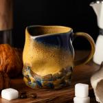 TaoTaojarvie Handmade Ceramic Coffee Mugs, Mugs with Coffee Spoon, 11oz, Handmade Pottery Mug with Handle, Hand-painting, Unique Uneven Surface Tea cups, Dishwasher and Microwave Safe (Yellow)