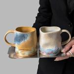 TaoTaojarvie Handmade Ceramic Coffee Mugs, Mugs with Coffee Spoon, 11oz, Handmade Pottery Mug with Handle, Hand-painting, Unique Uneven Surface Tea cups, Dishwasher and Microwave Safe (Yellow)