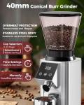 Tuni G1 Conical Burr Coffee Grinder, 48 Grind Settings Anti-static Burr Mill, Precision Electronic Timer and LED Touchscreen for Espresso/Drip/Cold Brew/French Press, Stainless Steel, Silver