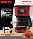 Better Chef Programmable 12-Cup Coffee Maker | 1-4 Cup Setting | Auto-Pause to Serve | 2hr Keep Warm | Perma-Filter | Stainless (Red)