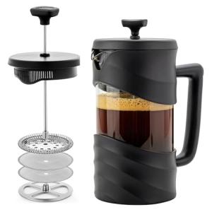 OVENTE French Press Coffee Maker 34 Ounce with Heat Resistant Borosilicate Glass & Stainless Steel 4-Level Filtration System, Portable Cold Brew Coffee Maker for Travel, Camping or Gift, Black FPW34B