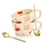 Yopay 2 Pack Ceramic Coffee Mug with Spoon, 8oz Handmade Hot Chocolate Mugs, Cute Cup for Girl Microwave Safe, Aesthetic Tea Milk Cup with Handle for Latte, Cocoa, Gift, Mom(Cherry flower)