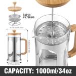 Sivaphe No-Plastic French Press Coffee Maker 34 oz, Borosilicate Glass Bamboo Lid and Handle Coffee Tea Press 8 cup, 1000ml Coffee Milk Forther with Stainless Steel Holder and Resuable Filters