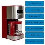 Kenmore Drip Coffee Maker - Programmable Cafe Machine With Glass Pot, Regular & Bold Brew, Auto Shut Off Large Water Reservoir, Reusable Filter, Kitchen Appliances For Cafeteria Barista, 12 Cup Red