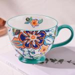 Autumn Handmade Large Ceramic Coffee Mug (15oz) Cute Cereal Vintage Flower Mugs Cozy Fall Gift Cup for Breakfast Oatmeal Tea & Hot Drinks with Floral Design