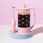Paris Hilton Bow Design French Press and Frother Coffee Gift Set, Includes a 8-Cup Coffee Press and Battery Operated Handheld Milk Frother, 2-Piece Set, Pink