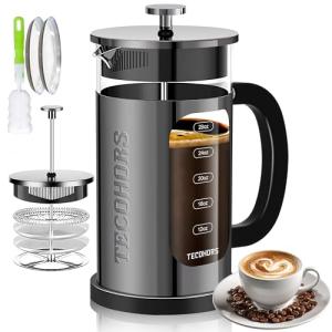 TECOHORS French Press Coffee Maker 34oz / 1 Quart 304 Stainless Steel Coffee Press,with 4 Filters System, Heat Resistant Thickness Borosilicate Glass, Brewed Coffee Pot (Bright Black)
