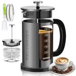 TECOHORS French Press Coffee Maker 34oz / 1 Quart 304 Stainless Steel Coffee Press,with 4 Filters System, Heat Resistant Thickness Borosilicate Glass, Brewed Coffee Pot (Bright Black)