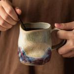 TaoTaojarvie Handmade Ceramic Coffee Mugs, Mugs with Coffee Spoon, 11oz, Handmade Pottery Mug with Handle, Hand-painting, Unique Uneven Surface Tea cups, Dishwasher and Microwave Safe (White)